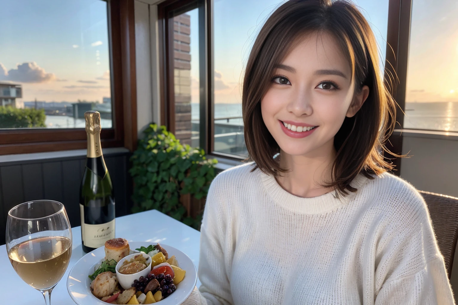 (Realistic:1.1),(masterpiece,Highest quality),8k,(36 years old), 42 years old, slimカップル、Model Couple、Actress/Actor、Tight waist,Upper Body,full-course dinner、wine 、Amazing view of the sunset sky and clouds、Perfect Anatomy, Brown Hair, Short Hair,Random Hairstyles,((Highly detailed face and eyes:1.2))(cute顔:1.4),Beautiful actress face,Perfect golden ratio face,Long sleeve shirt、dress,(smile:1.2)、Shortcuts、cute、(Realistic, Intricate details:1.2), A bright smile、short hair,Bright Face、赤wine 、Appetizers、Italian food、wine bottle、Champagne、スパークリングwine、(slimな顔), (The body is slim), (Brown Hair), (Shortcuts), Upper Body, 白wine, slim, wineグラス,