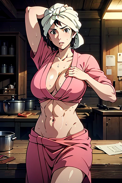 masterpiece, Highest quality,  Unreal Engine,  Super Resolution,  Very detailed, 

1 girl, of course,1 female, Wrap a towel around your head, Pink kimono, Cleavage, barefoot, Physical Beauty, Abdominal muscles, (Muscular:0.8), (Big Breasts), bold, Lips parted,  Observe the audience, 

In a dynamic pose,  Cowboy Shot, 

The World of Princess Mononoke, A scene from the workshop,  Key Visual, 

((Sticky with sweat)),