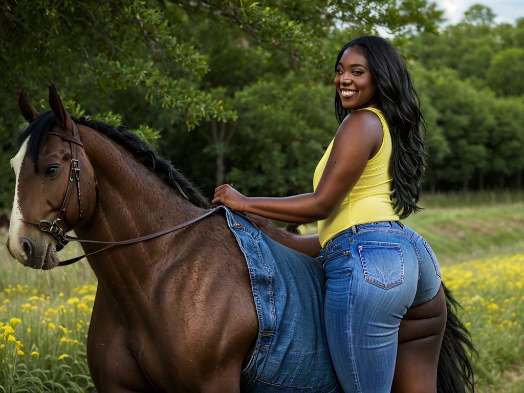 full side  view of a very full-figured  BBW woman ((riding a big draft horse):1.2), booty shorts, jeans, yellow tank top,  long hair, smiling, dark skin, . shallow depth of field, highly detailed, high budget, bokeh,  moody, epic. grass meadow. ((cartoon style):1.3). anatomically correct.