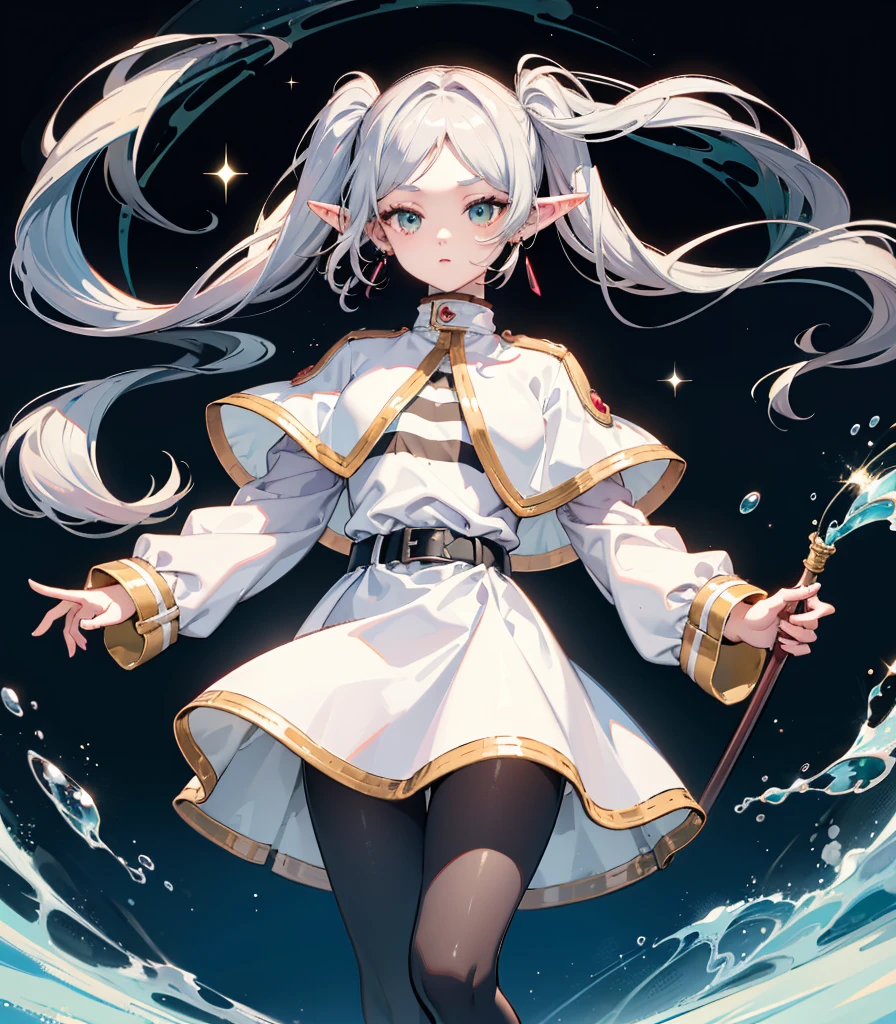 ((Highest quality)), ((masterpiece)), (detailed), Long Hair, Gray Hair, Twin tails, Pointed Ears, Earrings, Thick eyebrows, White capelet, Striped shirt, Long sleeve, belt, White Skirt, Black Pantyhose　High resolution　Holding a walking stick　magic circle　Shining Background,freeze