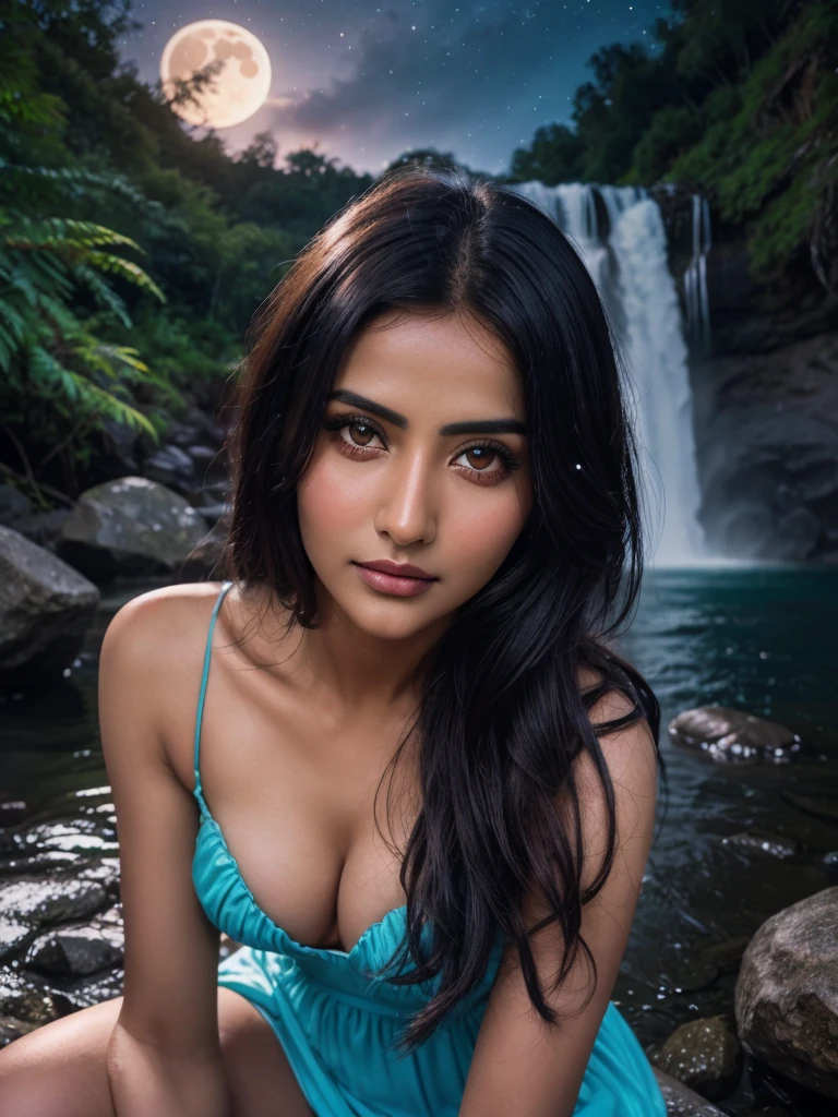 shot by Sony a7 IV Mirrorless Camera, natural light, analog film photo, ,in a magical crystal world , a woman is sitting near a waterfall on a full moon night , sparkling and glittering glowing particles in the air , soft bluish glow, erotic and sexy, dark hair, detailed face and eyes, hina khan face shape