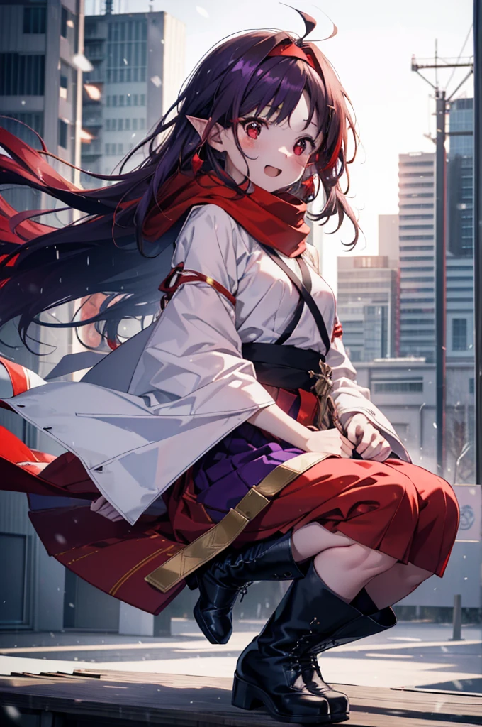 yuukikonno, Yuki Konno, hair band, Long Hair, Pointed Ears, Purple Hair,Ahoge, (Red eyes:1.5), (Small breasts:1.2),blush, smile,Open your mouth,white breath,Tokkuri Sweater,Red Scarf,Purple poncho,Long skirt,Black Pantyhose,short boots,Snow is piling up,it&#39;s snowing,whole bodyがイラスト入るように,Walking,evening,sunset,
break outdoors, construction area,
break looking at viewer, whole body,
break (masterpiece:1.2), Highest quality, High resolution, unity 8k wallpaper, (shape:0.8), (Beautiful attention to detail:1.6), Highly detailed face, Perfect lighting, Extremely detailed CG, (Perfect hands, Perfect ???????),