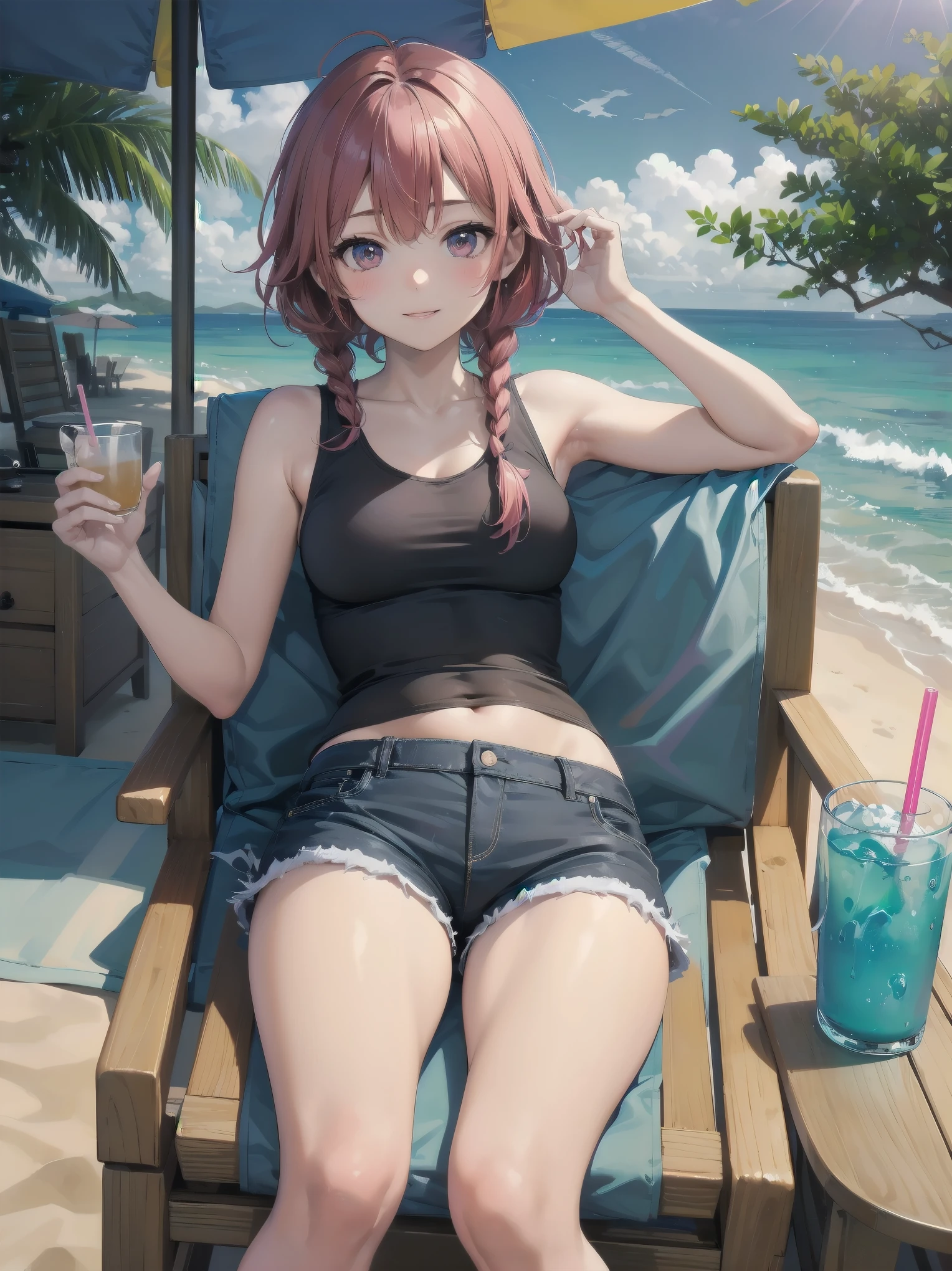 (Masterpiece: 1.2), (Best quality: 1.2), high resolution, detailed. BREAK. ((Cute girl with red hair in twin braids)), (1, pink tank top and shorts, , content expression: 1.3), drinking cold lemonade with straw, lying on beach towel. BREAK. Sunny beach, large umbrella, sandy beach, ocean with gentle waves, people playing in water. BREAK. ((Bright sunlight)), shimmering water, small portable fan nearby. BREAK. ((Positive: 1.3)). BREAK. Cheerful digital illustration, beach vacation mood