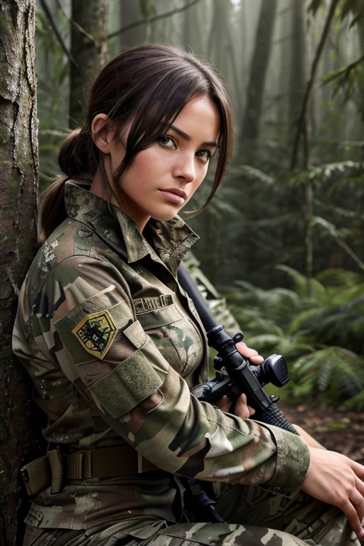 "A highly detailed image of a female sniper in camouflage gear, perched in a tree with a high-powered rifle, focusing through the scope. The background is a dense forest with a misty atmosphere, and the sniper's face is partially visible, showing intense concentration."