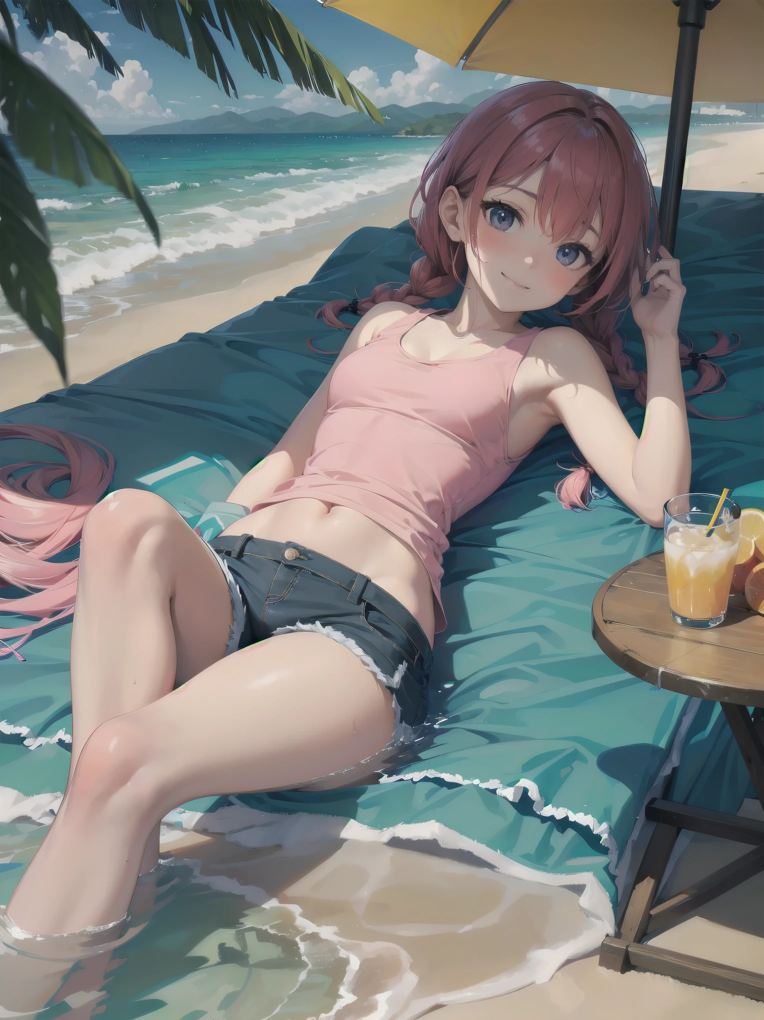 (Masterpiece: 1.2), (Best quality: 1.2), high resolution, detailed. BREAK. ((Cute girl with red hair in twin braids)), (1, pink tank top and shorts, , content expression: 1.3), drinking cold lemonade with straw, lying on beach towel. BREAK. Sunny beach, large umbrella, sandy beach, ocean with gentle waves, people playing in water. BREAK. ((Bright sunlight)), shimmering water, small portable fan nearby. BREAK. ((Positive: 1.3)). BREAK. Cheerful digital illustration, beach vacation mood