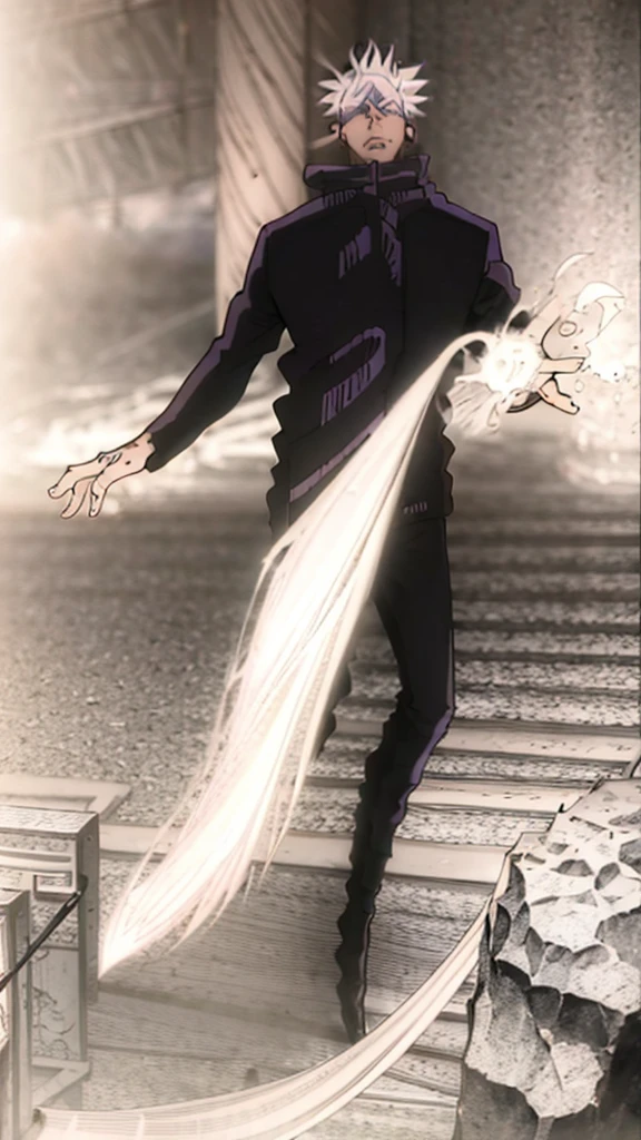 Masterpiece, Best Quality, 1 chico, gojo Satoru, White hair, Short spiked hair, undercut, blue eyes, facial mark, black shoes, hoodie, , shoes, Gakuran, Jacket, long sleeves, Black pants, standing, whole body, fighting a new special grade curse with human and alien appearance, destroyed it with the purple void that he throws with his hand, on a multi-panel manga page