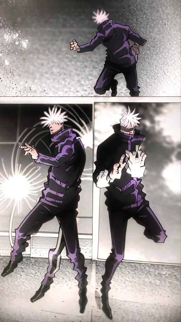 Masterpiece, Best Quality, 1 chico, gojo Satoru, White hair, Short spiked hair, undercut, blue eyes, facial mark, black shoes, hoodie, , shoes, Gakuran, Jacket, long sleeves, Black pants, standing, whole body, fighting a new special grade curse with human and alien appearance, destroyed it with the purple void that he throws with his hand, on a multi-panel manga page