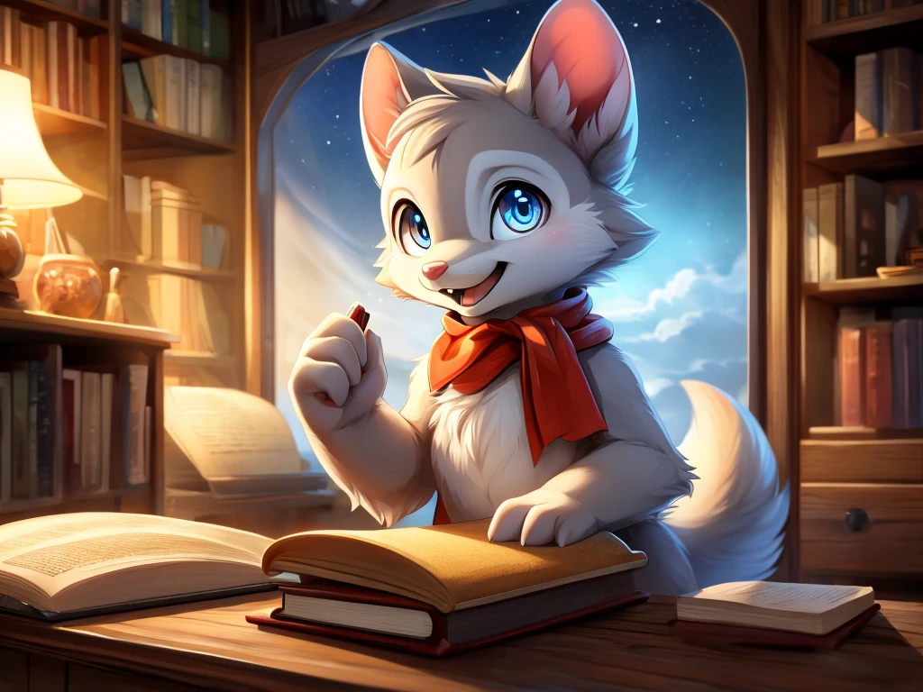 male anthro mouse, cute-fine-face, ultra cute face, cute, Flat Breast, bright white fur, ((leaning against book shelf)), triumphant pose, ((reflective eyes)), ((looking at viewer)), ((looking straight at you)), expressive eyes, detailed big hands, light blue scarf, Eyes red, white sclera, chest tuft, ((presenting holding penis)), Evil laughter, triumphant pose, provocative, Depth of field, Three-quarter view, loaded on e621, by dagasi, by loimu, By Hiroshiru, por silverfox5213, [fund: (Bedroom), bookshelf, rustic lamp), (window: sky, moonligh, nouveau)], ambient lighting, Meia-noite, detailed back ground, Ray tracing, conceptual artwork, highy detailed, ((work of art)), ((best qualityer)), film composition, ultra realistic, (high détail:1.3), sharp focus.