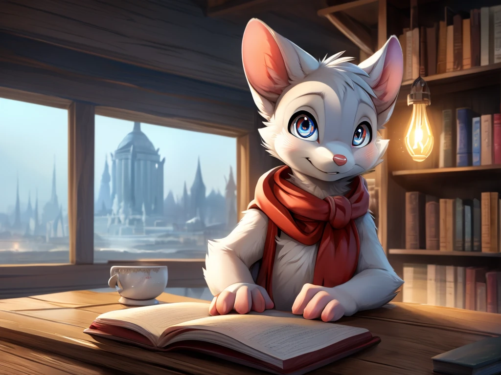 male anthro mouse, cute-fine-face, ultra cute face, cute, Flat Breast, bright white fur, ((leaning against book shelf)), triumphant pose, ((reflective eyes)), ((looking at viewer)), ((looking straight at you)), expressive eyes, detailed big hands, light blue scarf, Eyes red, white sclera, chest tuft, ((presenting holding penis)), Evil laughter, triumphant pose, provocative, Depth of field, Three-quarter view, loaded on e621, by dagasi, by loimu, By Hiroshiru, por silverfox5213, [fund: (Bedroom), bookshelf, rustic lamp), (window: sky, moonligh, nouveau)], ambient lighting, Meia-noite, detailed back ground, Ray tracing, conceptual artwork, highy detailed, ((work of art)), ((best qualityer)), film composition, ultra realistic, (high détail:1.3), sharp focus.