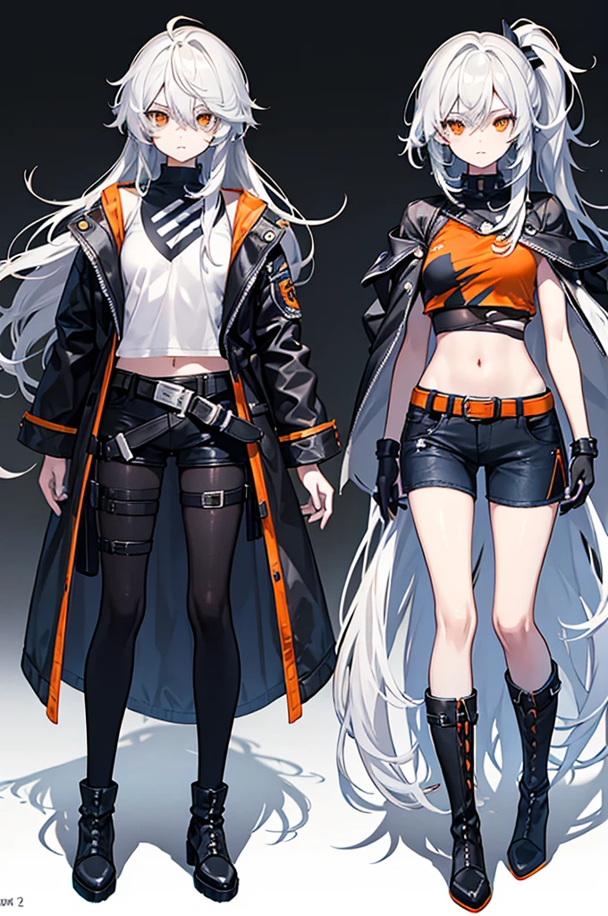 Hair**: The character has long, light gray hair, styled in a messy manner with sharp, pointed strands. There are shorter locks in the front that frame the face.
- **Eyes**: Its eyes are large and orange in color, giving an expressive look.
- **Clothes** :
- **Top**: The character wears a cut black top, revealing part of the stomach.
- **Bottoms**: She wears dark blue shorts with a black belt.
- **Accessories**: She has black gloves and white bands around her forearms. There are also orange details on his shoulders.
- **Shoes**: She wears black boots that go up to below the knees with white stripes on the top of the boots.
The clothing style and colors used give the character a modern and dynamic appearance.
Commentaires