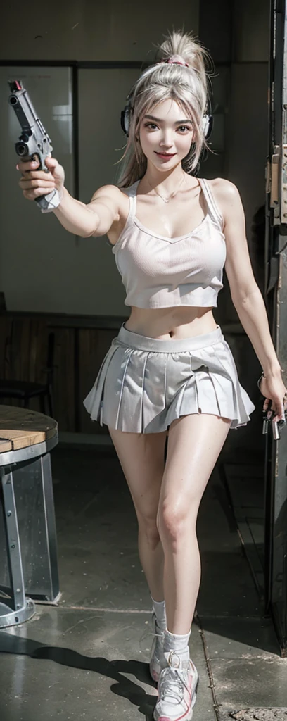 (Top quality，Ultra HD，lifelike: 1.4)(Cowboy Shooter 1)，A beautiful armed girl， (K-Pop Idol) ，Detailed face，opposition，Perfect anatomy，Smooth skin，Professional lighting， ((Wearing a pink belly-baring tube top，White ultra-short pleated skirt，White sneakers，Wearing a high ponytail，High-tech headphones,Soak all over)，(((Target your audience，aiming at viewer,holding pistol,handgun))),Victory in battle，Smile of victory(background，meeting room) ) ,Full body close-up