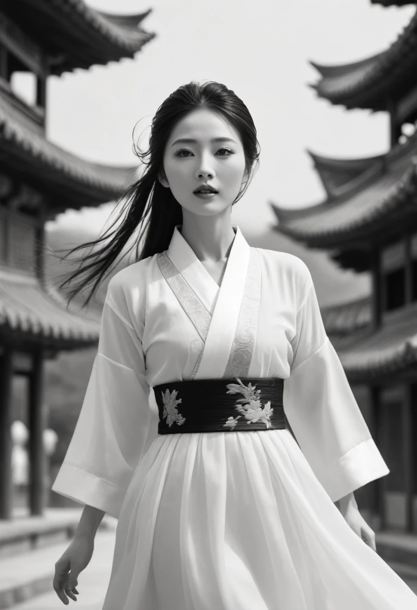 beautiful woman, (motion blur:1.3), abnormally stunning beautiful face, black and white close-up,woman in intricate pure white hanbok dress,  Flying on the sky like a Chinese movie, in ancient china, professional fashion photography,UHD, 4k