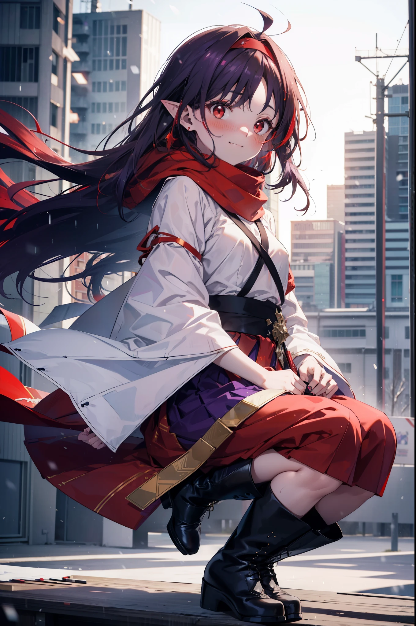 yuukikonno, Yuki Konno, hair band, Long Hair, Pointed Ears, Purple Hair,Ahoge, (Red eyes:1.5), (Small breasts:1.2),blush, smile,Open your mouth,white breath,Tokkuri Sweater,Red Scarf,Purple poncho,Long skirt,Black Pantyhose,short boots,Snow is piling up,it's snowing,whole bodyがイラスト入るように,Walking,evening,sunset,
break outdoors, construction area,
break looking at viewer, whole body,
break (masterpiece:1.2), Highest quality, High resolution, unity 8k wallpaper, (shape:0.8), (Beautiful attention to detail:1.6), Highly detailed face, Perfect lighting, Extremely detailed CG, (Perfect hands, Perfect Anatomy),