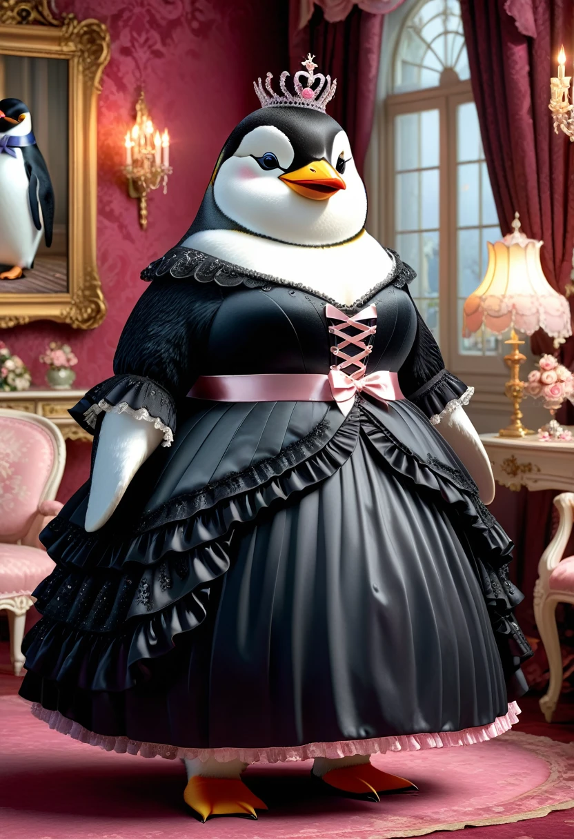  photorealistic portrait of Dressed animals-a ((fat)) ((penguin)) princess,(), (elegant pose:1.5), (hands on hips:1.5),(smile:1.5),high quality,(),(lovely) ,intricate details, Wearing Gothic & Lolita dress , ( brim on head), highly detailed ((dress with  frills and ribbon)) ,highly detailed accessories, high sox , (happy), soft lighting,(full body image:2.0),in  Rococo style room background,,score_9, score_8_up, score_7_up, score_6_up, score_5_up, score_4_up,