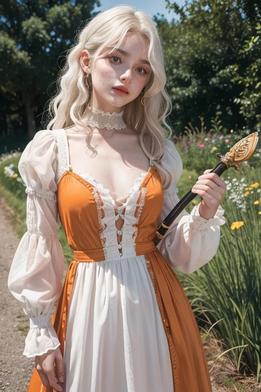 a young girl of 18 years, with , He has short, curly white hair.. she is very pretty, with Slavic skin and freckles, and she is wearing a long orange dress from the Victorian era. It is located on a hill, holding a medieval sword.