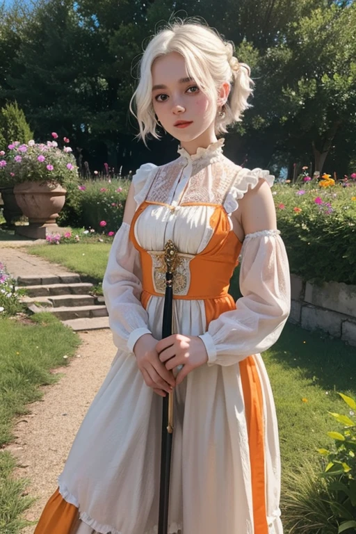 a young girl of 18 years, with , He has short, curly white hair.. she is very pretty, with Slavic skin and freckles, and she is wearing a long orange dress from the Victorian era. It is located on a hill, holding a medieval sword.