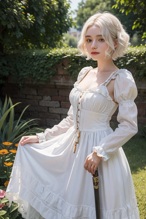 a young girl of 18 years, with , He has short, curly white hair.. she is very pretty, with Slavic skin and freckles, and she is wearing a long orange dress from the Victorian era. It is located on a hill, holding a medieval sword.