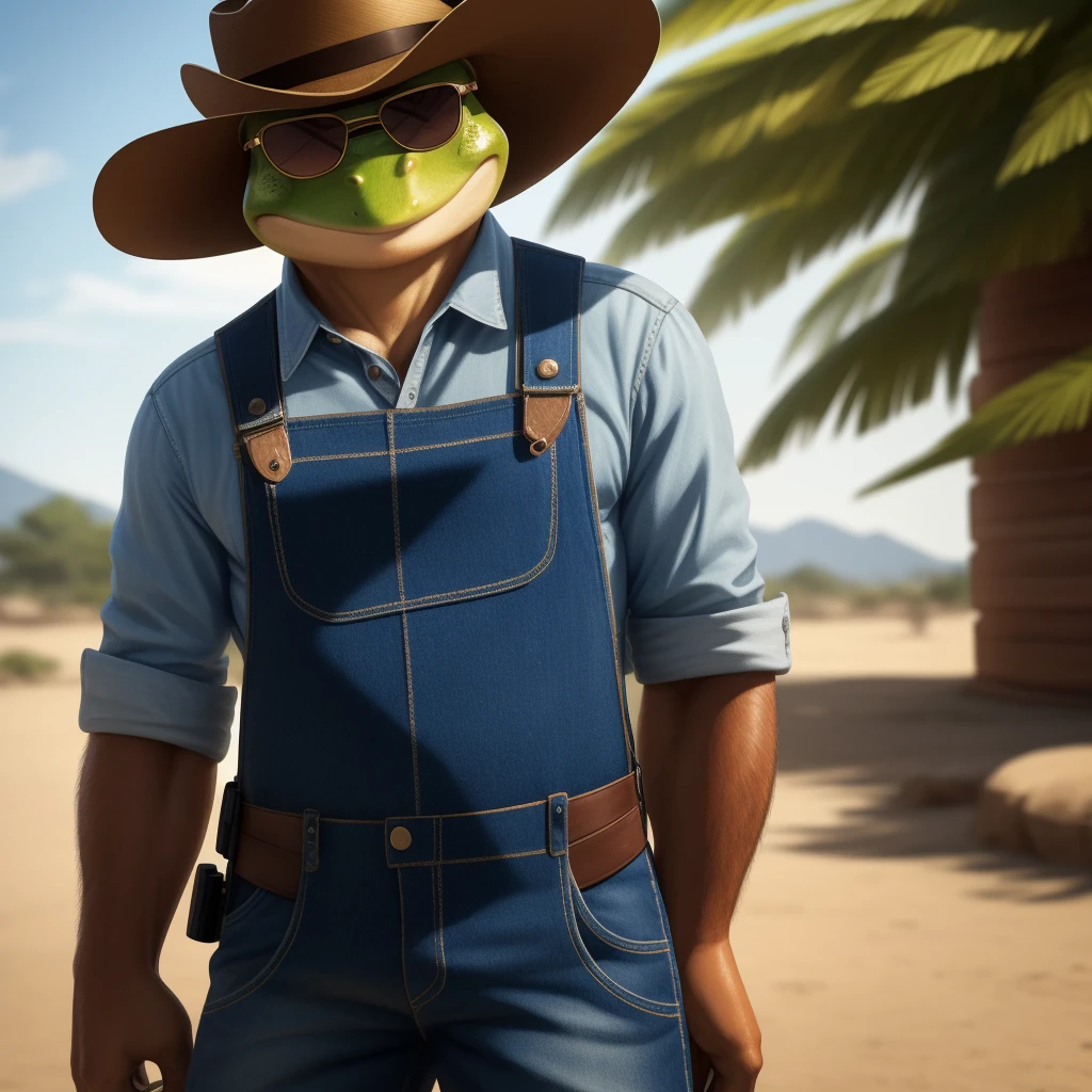One wears sunglasses、Cowboy hat、Denim style clothes、Frog with a pistol，Overall cool，Front view，Facing the camera，Full body shot，A delicate and realistic frog，Flat style，From 0cean，Chiaroscuro，Ultra-high detail，4K，Graphic illustration