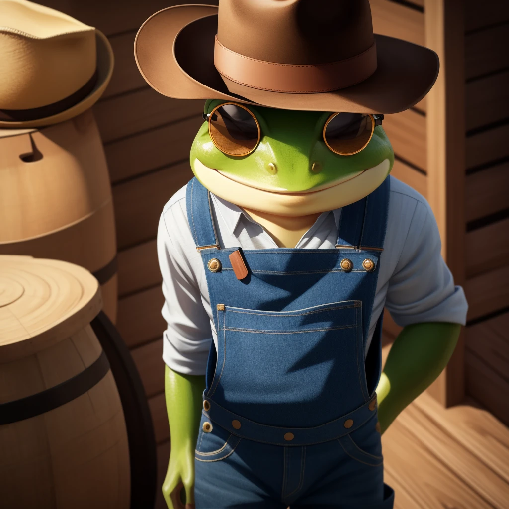 One wears sunglasses、Cowboy hat、Denim style clothes、Frog with a pistol,Overall cool,Front view,Facing the camera,Full body shot,A delicate and realistic frog,Flat style,From 0cean,Chiaroscuro,Ultra-high detail,4K,Graphic illustration
