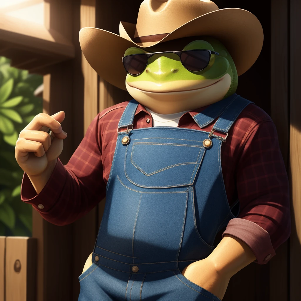 One wears sunglasses、Cowboy hat、Denim style clothes、Frog with a pistol,Overall cool,Front view,Facing the camera,Full body shot,A delicate and realistic frog,Flat style,From 0cean,Chiaroscuro,Ultra-high detail,4K,Graphic illustration