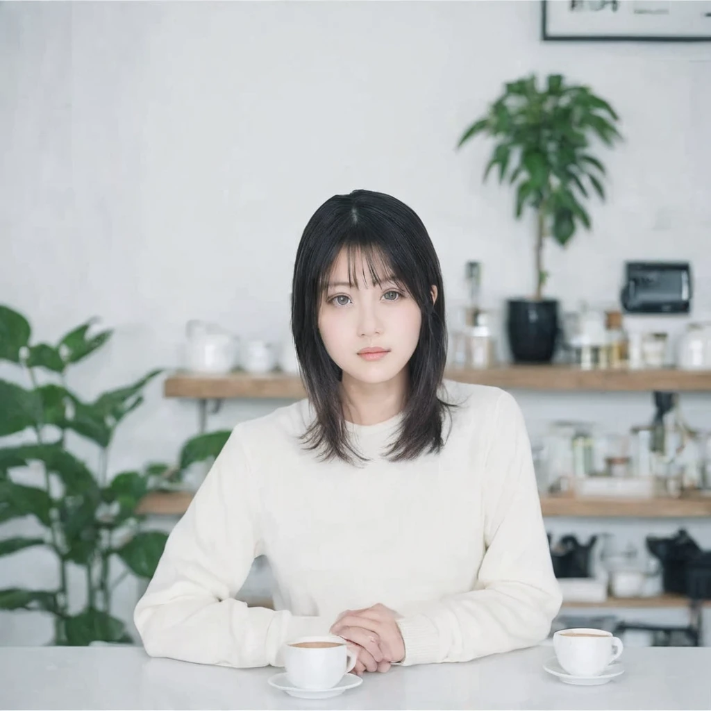 whiteroom, 1 person, Japanese woman, look at the camera, H~I cup, model's expression, silver ratio, cute, middle black hair, concept cafe clerk, erotic, eye color brown,