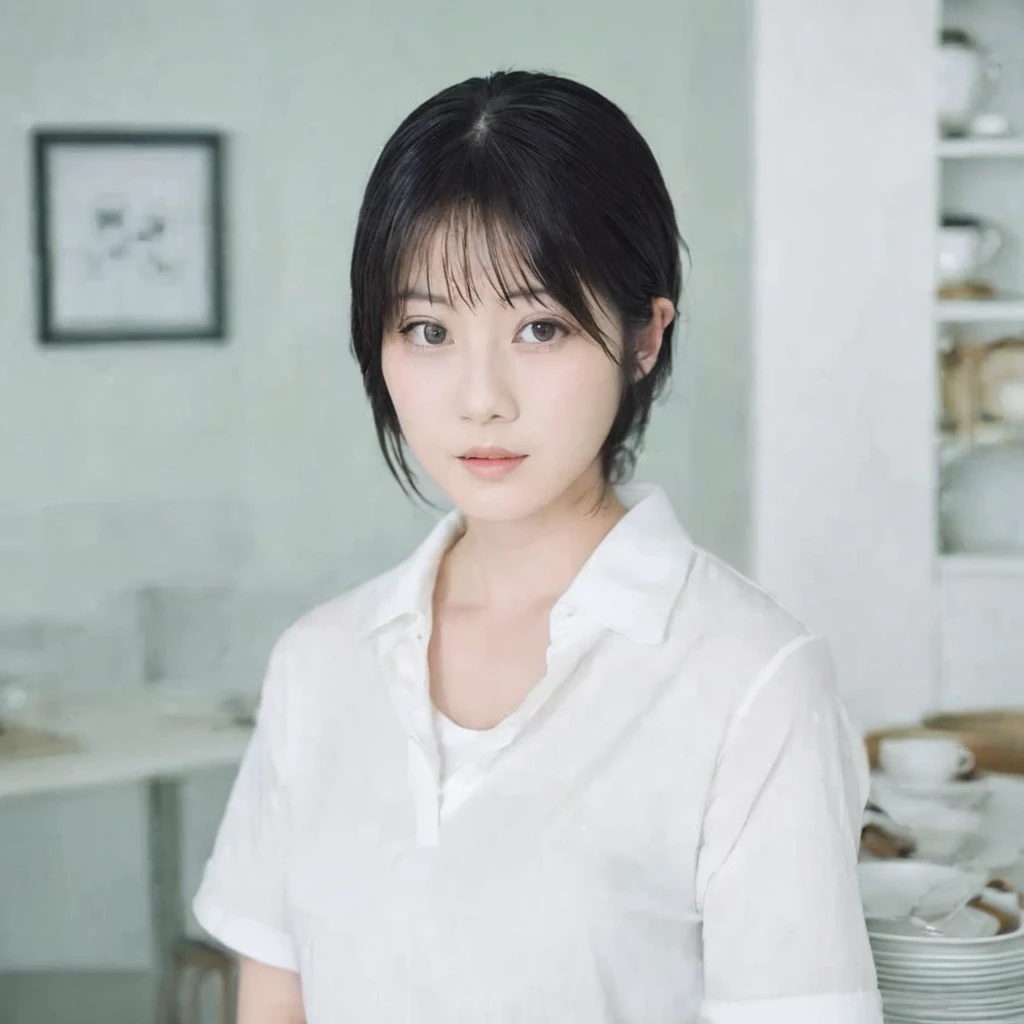whiteroom, 1 person, Japanese woman, look at the camera, H~I cup, model's expression, silver ratio, cute, middle black hair, concept cafe clerk, erotic, eye color brown,