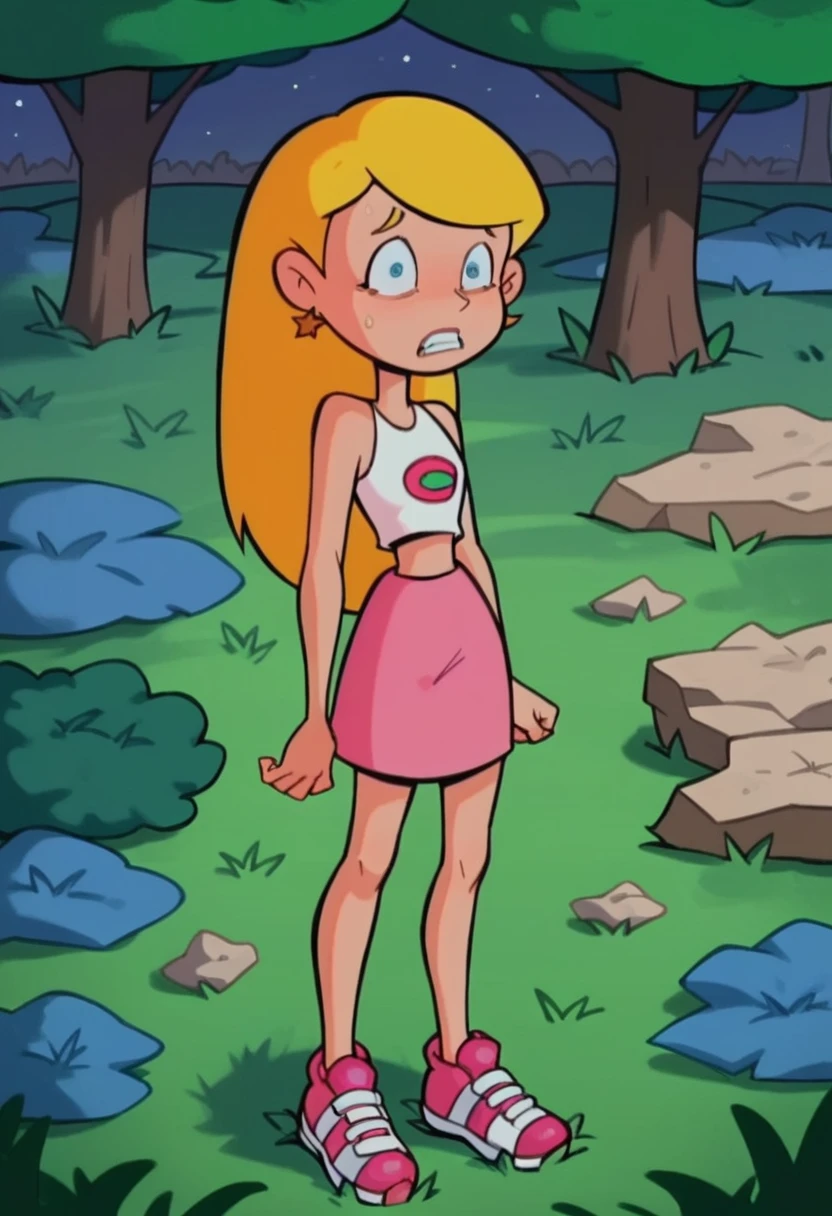 sabrina spellman, blonde, pink skirt, white top, midriff, bare shoulders, pink shoes, looking at viewer, scared, at night, grass, trees, bushes, standing