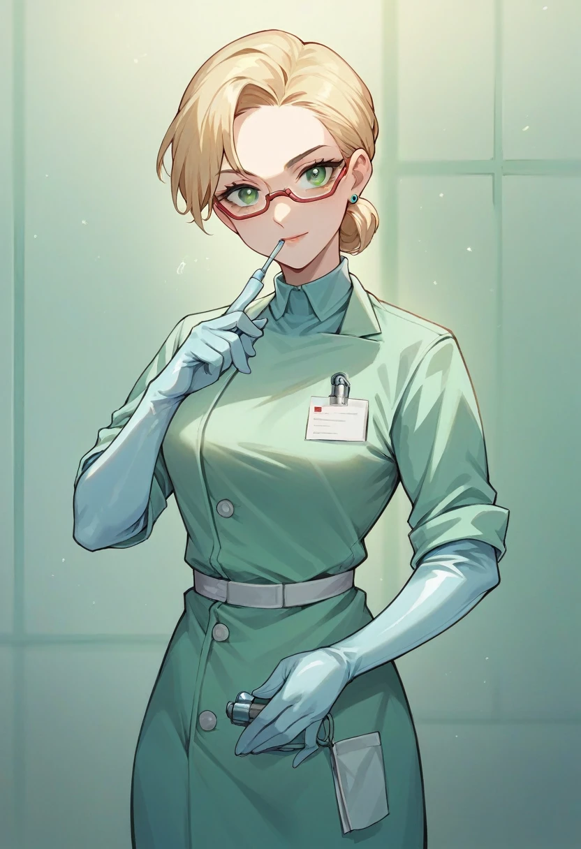 1girl, ((light blue elbow gloves)), ((surgical gloves)), ((latex gloves)), ((long sleeves)), ((green surgeon outfit)), ((doctor)), looking at viewer, standing, solo