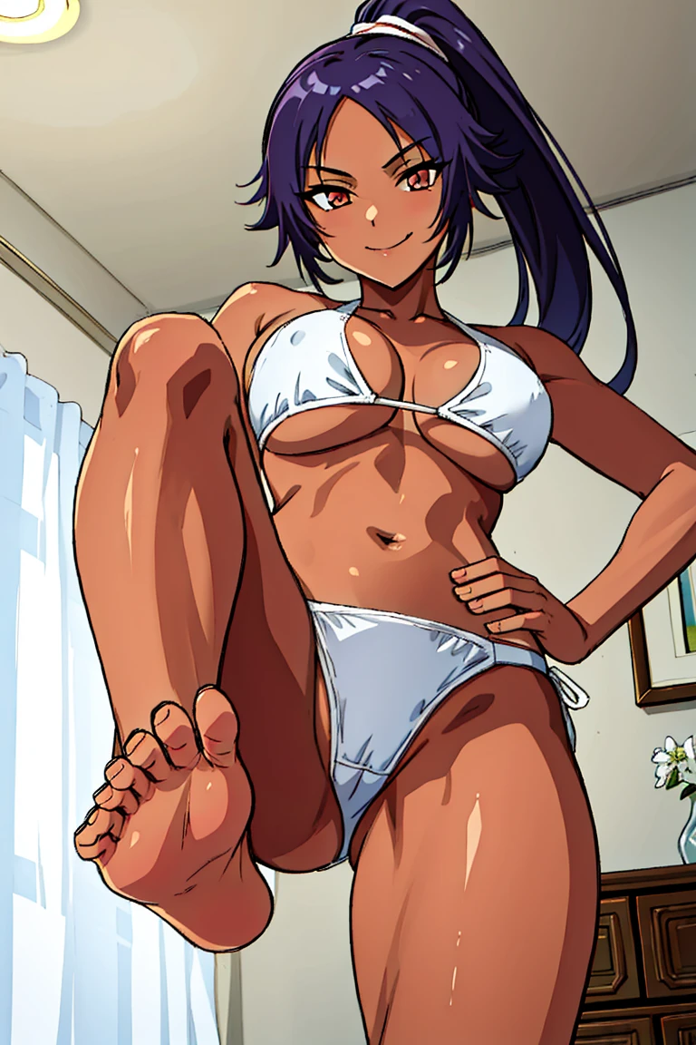 (Masterpiece of Art, best quality specialist), 1 girl , Yoruichi, Dazzling, , indoors,white Bikini , white panties, white top, showing feet , 5 Fingers, naked feet , Close to viewer , smile, another, another,