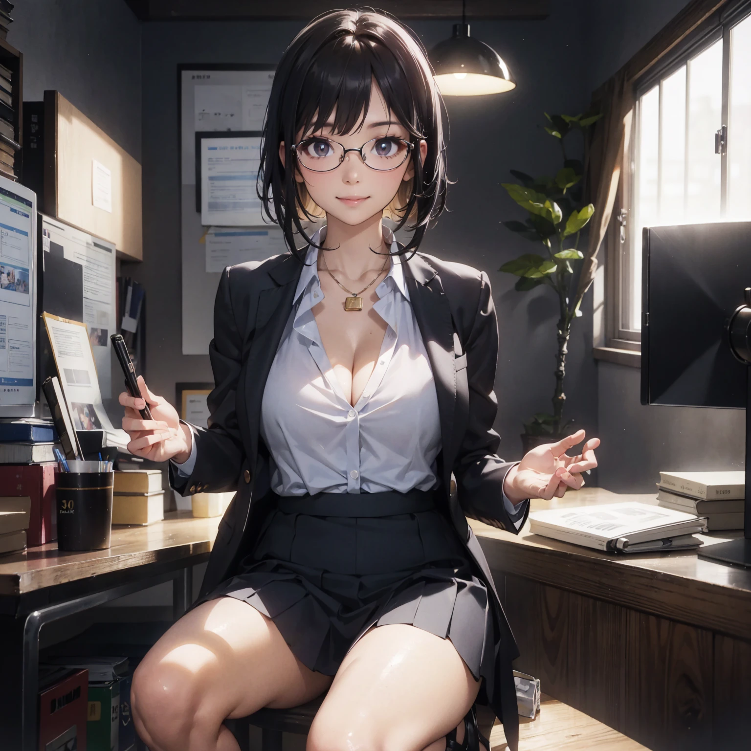 National Foundation, (Official Art、best quality、Unity 8k Wallpaper、32k、masterpiece、Ultra Detailed、Ultra-high resolution、Realist、Photorealistic:1.2)、(Natural soft lighting:1.2)、Fire effect、Film particles、Best shadow、Side lights、Side Shot、(Ultra-detailed and complex 3D rendering)、Beautiful face and eyes、Sharp pupils、Realistic pupil chest、Smile、High heel、Woman in skirt and shirt sitting on the table, Office Clothing, on the table, 坐on the table, 坐on the table,Kneel、Open your legs、Open your legs、Filming、 Dress smart casual, Sexy、Business Clothing, in office, Wearing a suit,wearing glasses, Dress neatly, Business Attire, Awkward, Smile、business attire、Cleavage、Sexy、