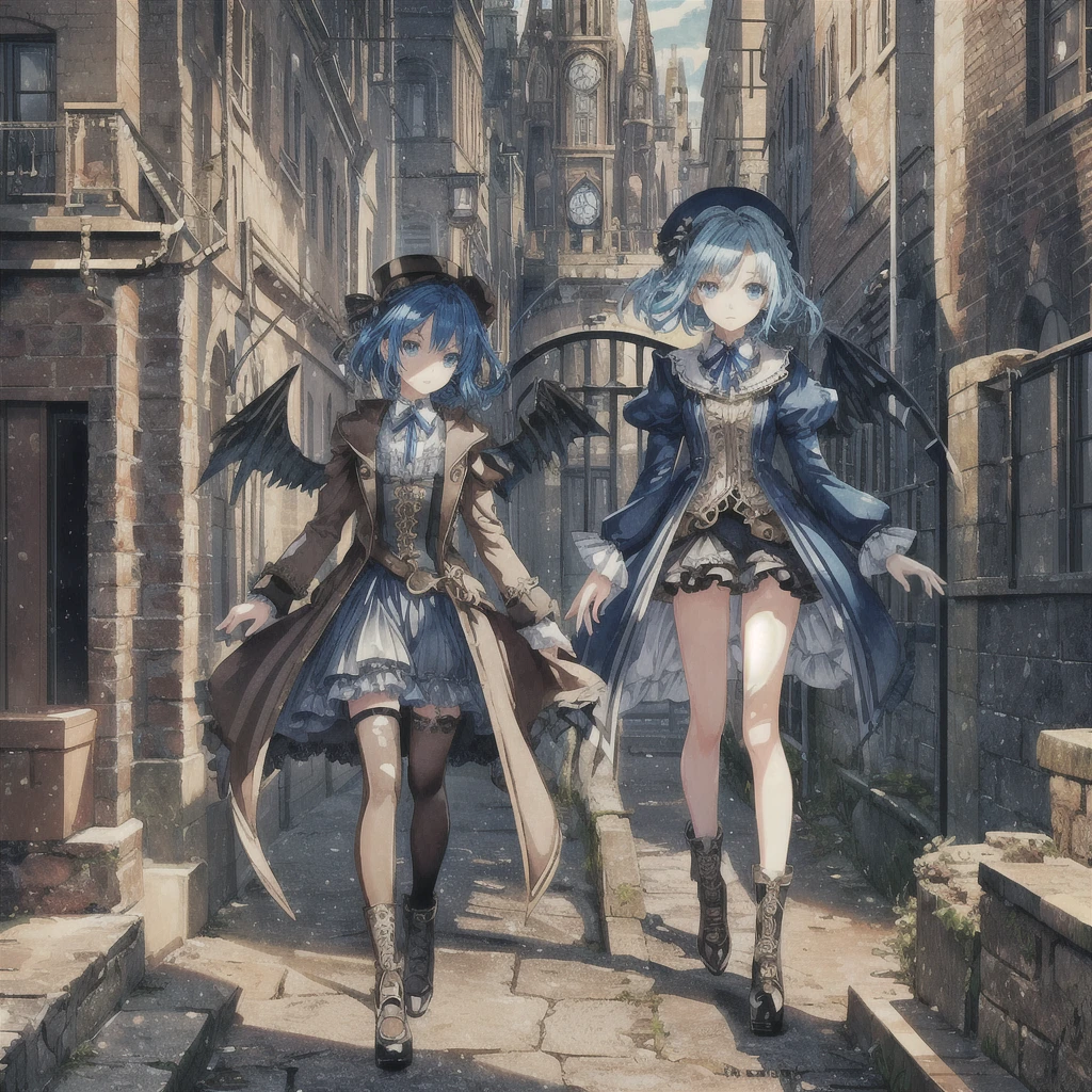 Two cute  dark angel girls with blue, blue hair are close friends in a steampunk town. two cute 6 year oangel girls, big attractive eyes and long eyelashes. They are wearing cute steampunk dresses with lots of ribbons, lace and frills. Noble, big big jet black wings and black angel rings. Fantastic light-filled world with watercolor and moe anime textures, cute, soothing, steampunk background and steampunk world, high angles, highest quality, best picture quality.