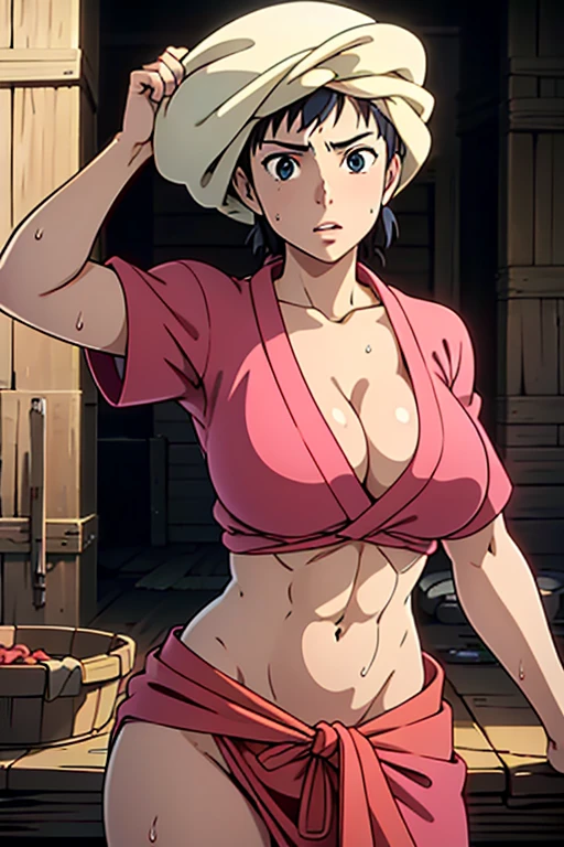 masterpiece, Highest quality,  Unreal Engine,  Super Resolution,  Very detailed, 

1 girl, of course,1 female, Wrap a towel around your head, Pink kimono, Cleavage, barefoot, Physical Beauty, Abdominal muscles, (Muscular:0.8), (Big Breasts), bold, Lips parted,  Observe the audience, 

In a dynamic pose,  Cowboy Shot, 

The World of Princess Mononoke, A scene from the workshop,  Key Visual, 

((Sticky with sweat)),