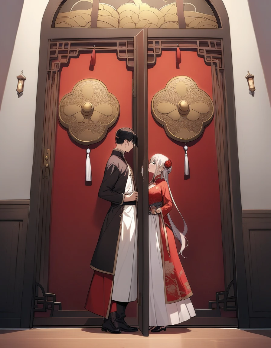 Chinese couple wearing traditional chinese clothes infront of magical door