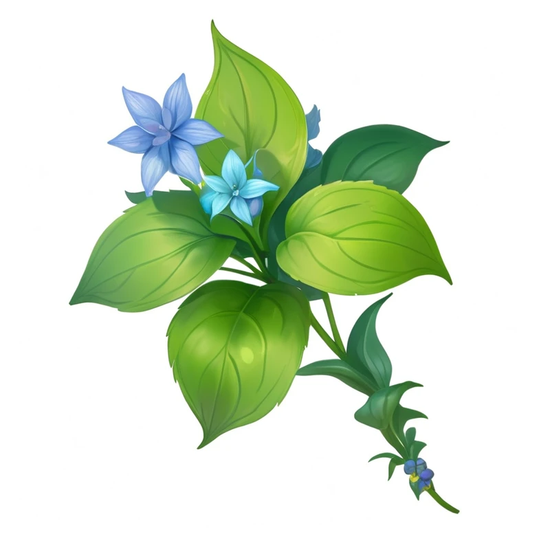 Close up of a flower with leaves and a blue flower, ( ( Fantasy Plants ) ), God of Hydrangea, Different tone lily ears, Green Plants, Star-shaped alpine flower, Weed cutie mark, plant armour, Flower core, Big flower head, Plant leaves, woody foliage, unknown, Plant elves, flowers and foliage, hyacinth, stylized vegetation, basil