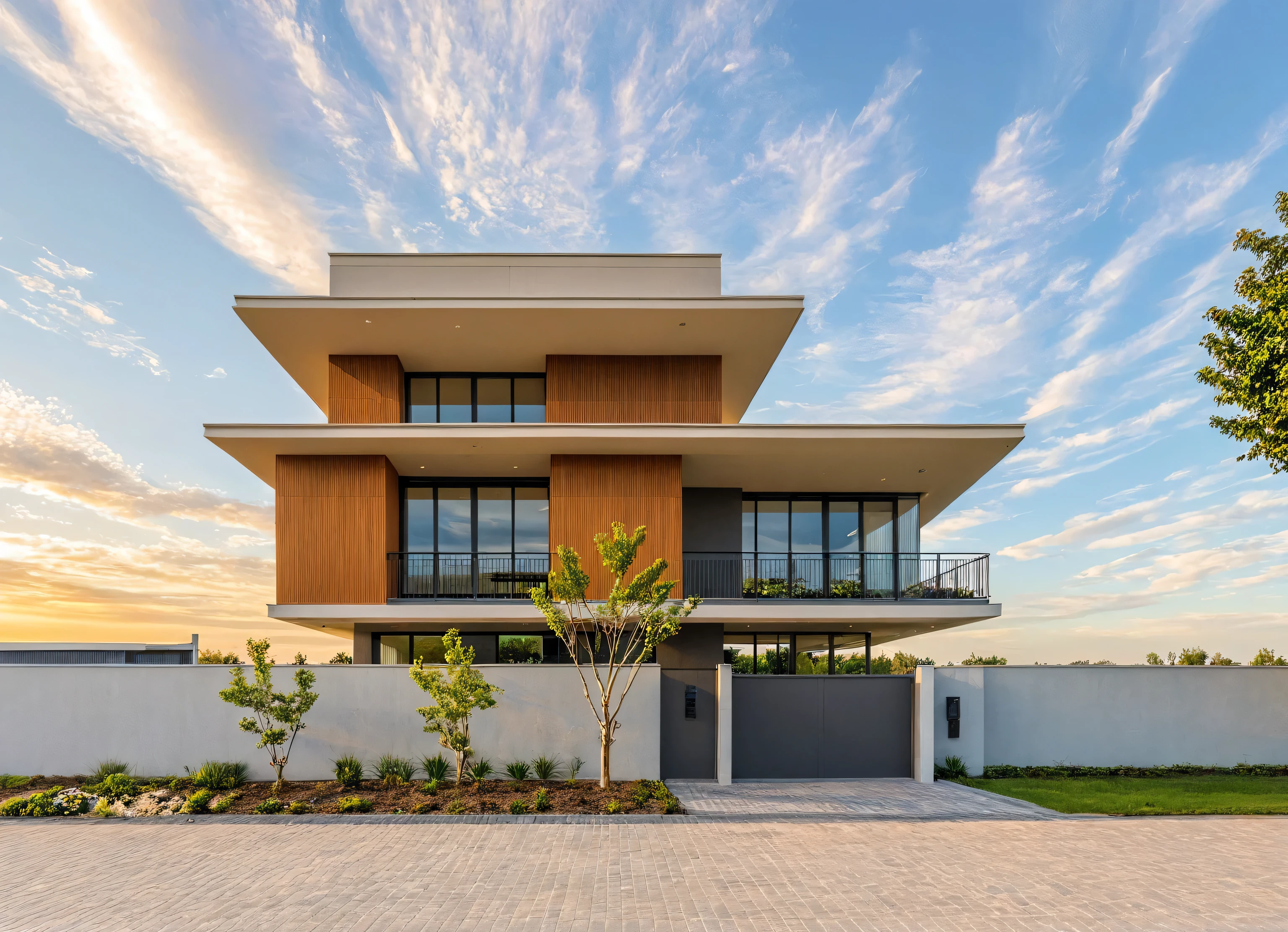 head of'artwork, High quality, best quality, authentique, great detail, En plein air, villa de plain-piedXL, credit group, style de maison moderne dans la rue ,stairs, white wall ,road,pavement, grass, trees, sky, nuvens, (day light:1.1)
