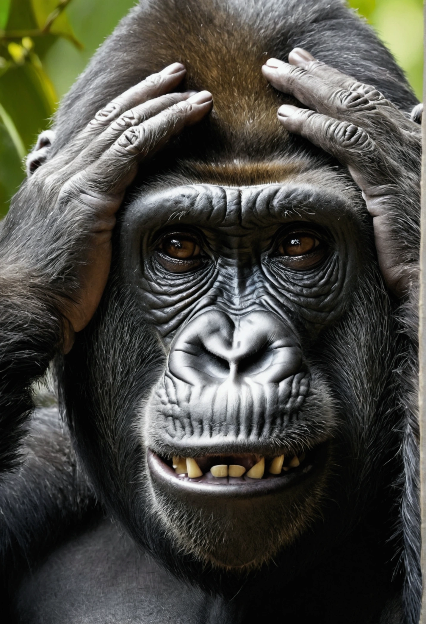 Realistic gorilla Monkey hiding its eyes Monkey plugging ears Cover your mouth