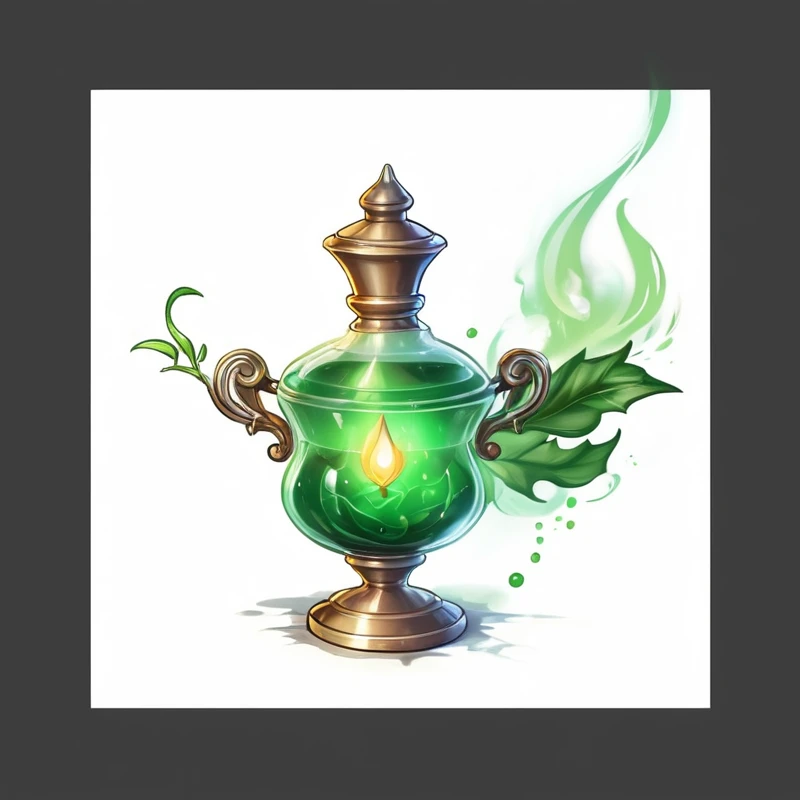 Cartoon image of a lamp,There is a green leaf on the top of the lamp, Concept Art Magic Highlights, Fantasy concept art, potion of healing, alchemy concept, A bottle of health potion, Magic Glass Container Graphics, Magic Items, holy fire spell art, Glowing Concept Art, Fantasy game spell symbols, Magic Items, powder, Magical glowing skin, Official concept art