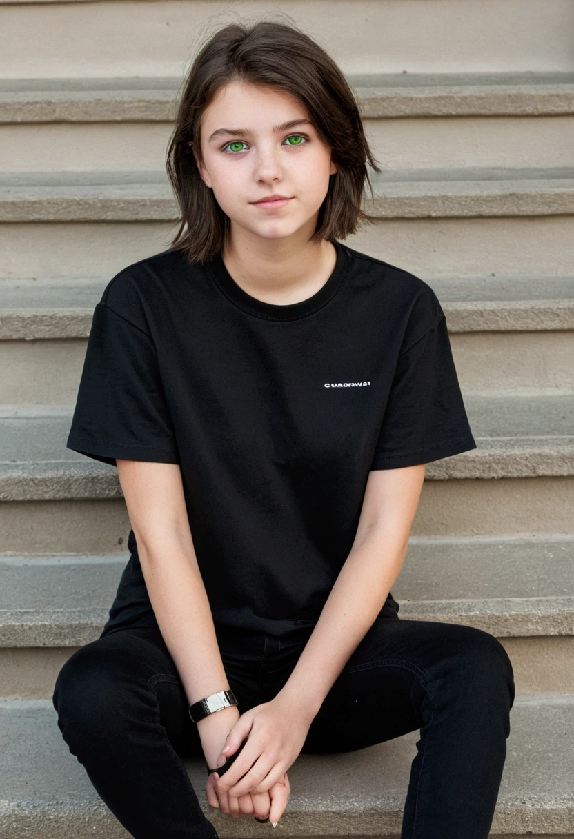 A 16-year-old Caucasian girl with short dark brown hair., Green Eyes, Small box, Small Nose, Wearing black jeans, Black and white sneakers and a large dark T-shirt