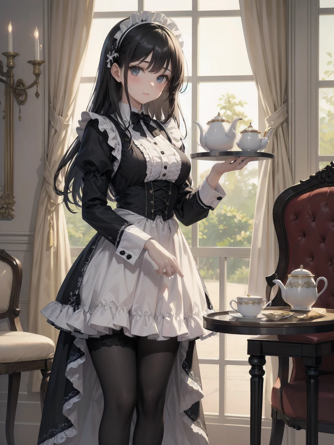 Illustration of a beautiful girl in a cute pose,(Masterpiece: 1.2), (Best quality: 1.2), A cute girl with long black hair, dressed in a classic black and white maid outfit with frilly lace and a matching headband, is standing in a beautifully decorated Victorian-style parlor. She is holding a silver tray with a teapot and teacup, her expression a mix of professionalism and warmth. The background includes ornate furniture, a chandelier, and large windows with heavy drapes, all bathed in soft afternoon light. This illustration emphasizes the elegant and welcoming atmosphere of a high-class tea service