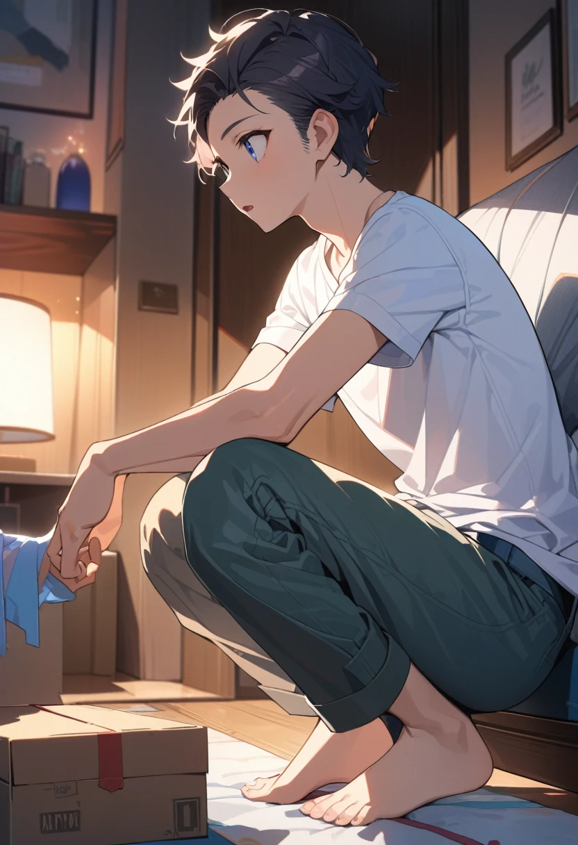 masterpiece, best quality, extremely detailed, ultra detailed, flat anime, 2D,
((1boy)),black hair, (short hair:1.5),blue eyes, height 1.7meters,  (circle eyes:1.2),  (young adult:1.2), Ear-length sideburns,
long Sleeves, White T-shirt, barefoot, 
squatting, looking away, expressionless,open mouth, portrait,from side, close up face,
summer, 12AM, livingroom,organizing the boxes., I'm looking at the material in my hand.