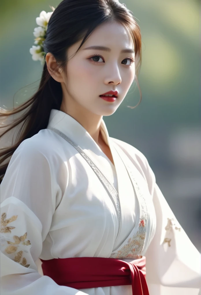 beautiful woman, (motion blur:1.3), abnormally stunning beautiful face, close-up,woman in intricate pure white hanbok dress, Flying on the sky like a Chinese movie, in ancient china, professional fashion photography,UHD, 4k