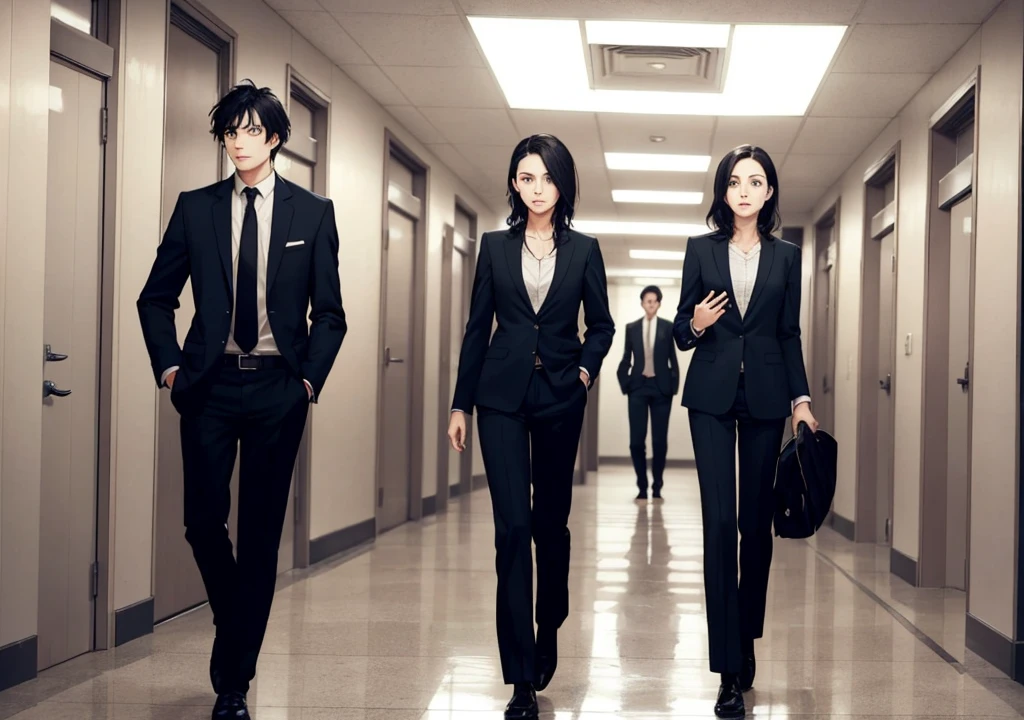 One woman,About 25 years old,Pants style suit,Hair is black at shoulder length,
The other one is a boy,About 18 years old,,The two people above are talking in a high school hallway.