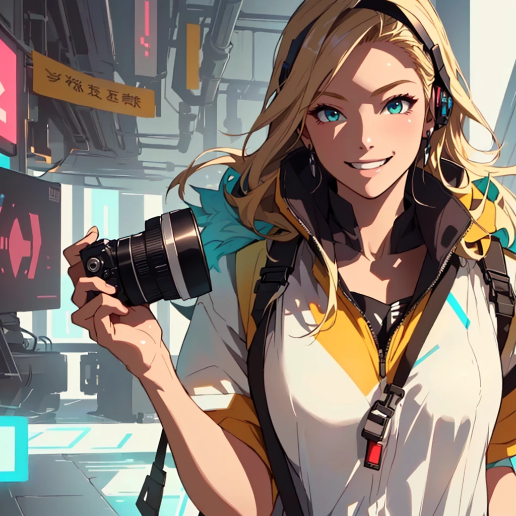 Holding a camera in his right hand、Blonde、(Huge breasts)、entrepreneur、Highest quality,masterpiece,original,Plain background,View your viewers,1人のwoman,(alone:1.5),woman,woman、Wearing a cyberpunk costume, Filling this vibrant and colorful scene.smile、It expresses strength and underlying joy....。 This digital illustration is rendered in high resolution...., Artstationではアニメジャンルのmasterpieceとして話題になっている
