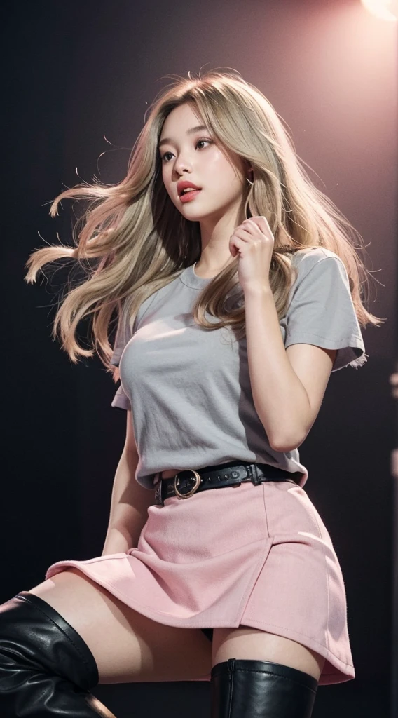 Girl with long wavy blonde hair and grey eyes , Big Lips、Pink Cheeks、very beautiful、A realistic version of a stunning body、Latin Face、whole body、Perfect Face、22 years old、Wearing a short skirt, Black top shirt and black long boots, She is singing at the concert. 