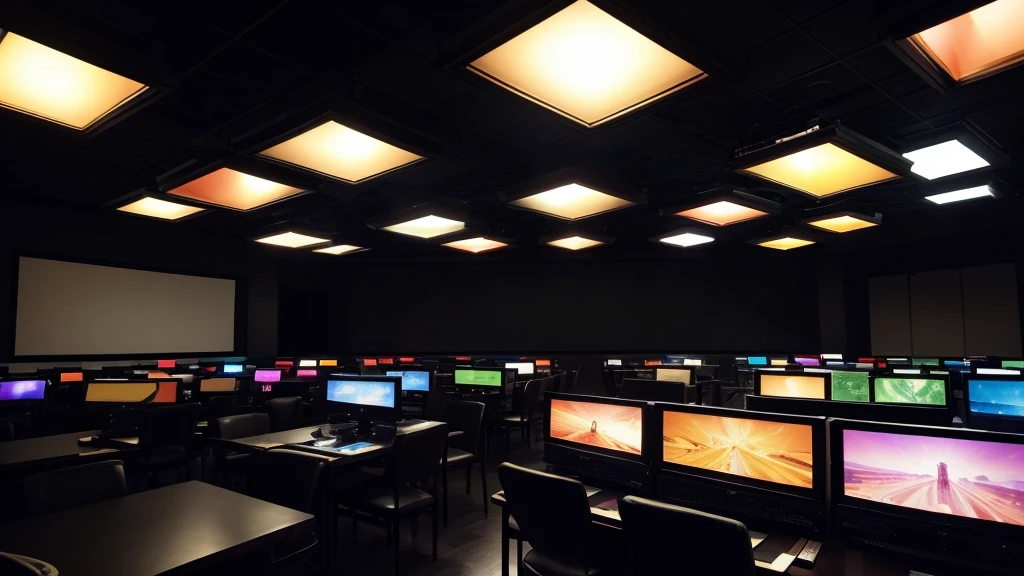 ((Highest quality)), ((masterpiece)), (detailed), A dark room with no lights , A large number of CRT televisions facing forward. The only light is from the televisions. A large number of CRT televisions piled up Composition looking up from below