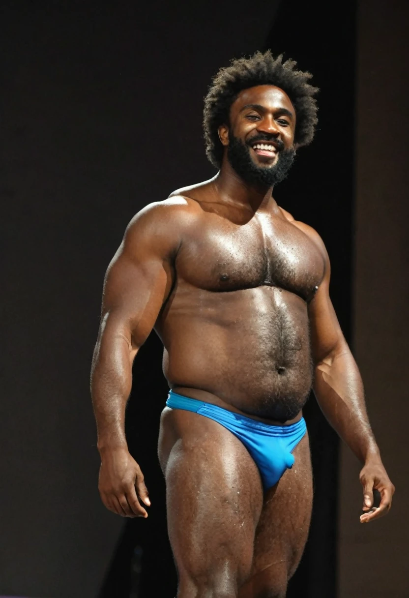 Black male, hairy, speedo, prominent belly, bulged and bloated belly, swollen belly, muscular, tall
