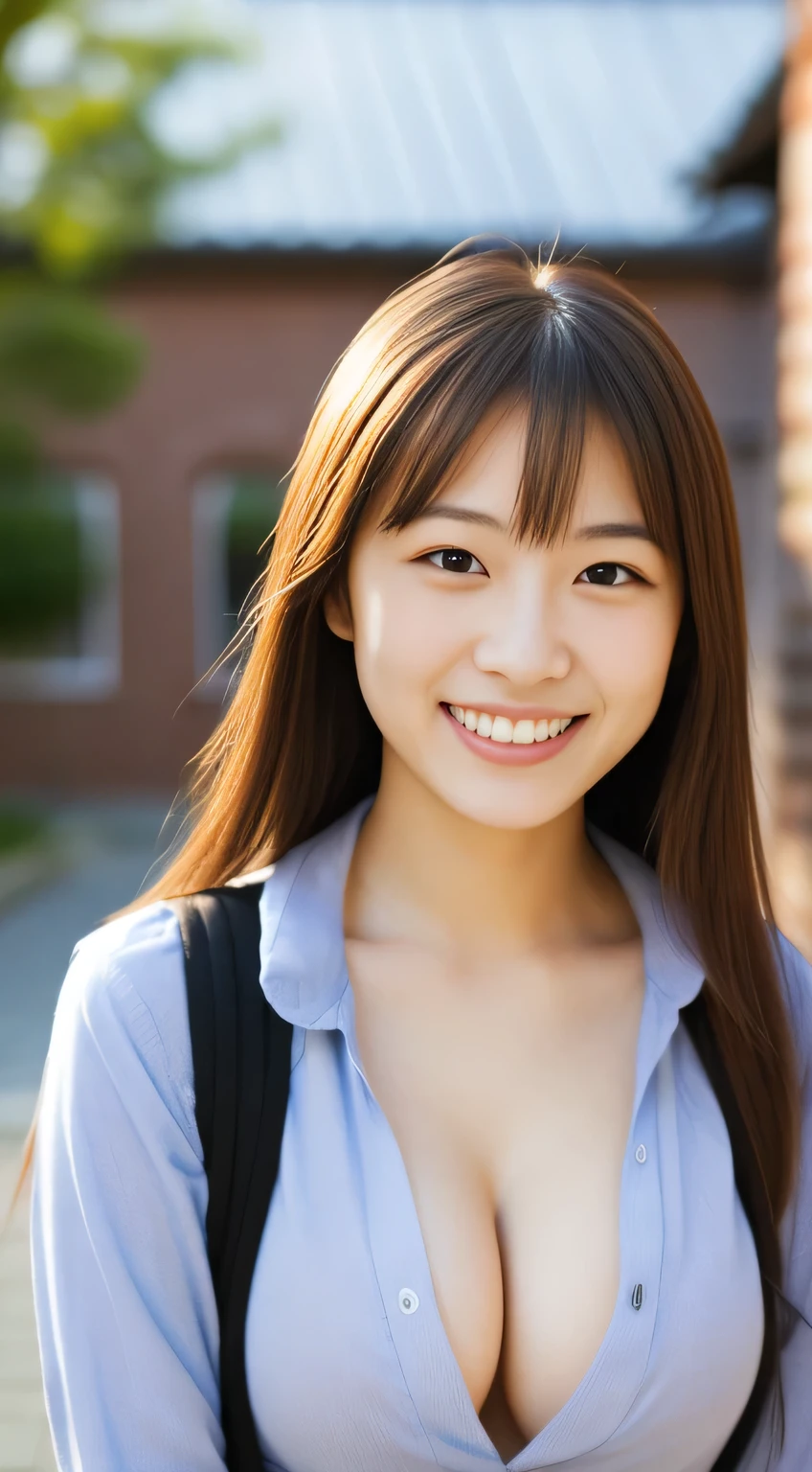 masterpiece,best quality,(Japanese ),((Beautiful girl)),cleavage,(perfect body beauty:1.2),(shy smile),beautiful teeth,(Blurred background of brick buildings),