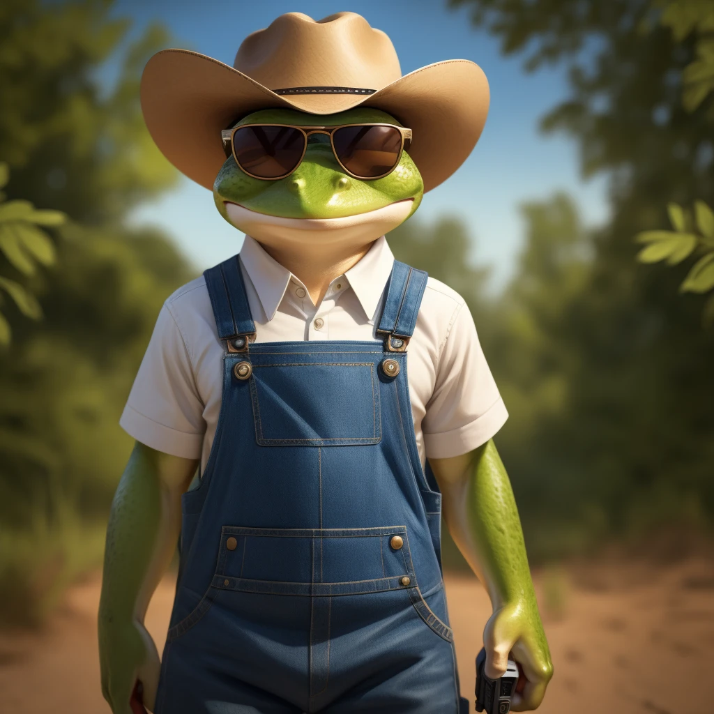 One wears sunglasses、Cowboy hat、Denim style clothes、Frog with a pistol，Overall cool，Front view，Facing the camera，Full body shot，A delicate and realistic frog，Flat style，From 0cean