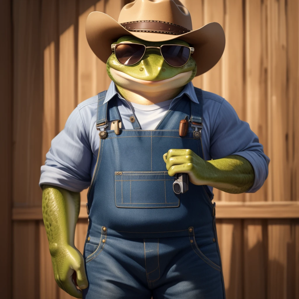 One wears sunglasses、Cowboy hat、Denim style clothes、Frog with a pistol,Overall cool,Front view,Facing the camera,Full body shot,A delicate and realistic frog,Flat style,From 0cean