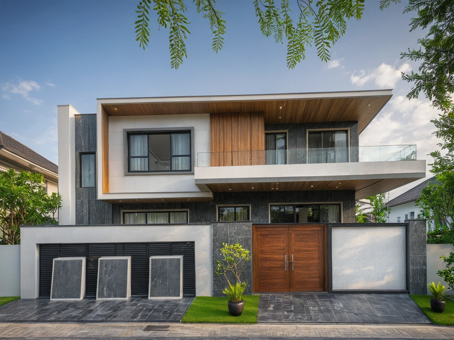 modern villa on street, (daylight), tropical tree, vivid colour, streetcapes, white tone, dark tiled granite wall, white wall, steel gate, large glass door, woodern ceiling, tray lighting, warm interior lighting, best quality, 
